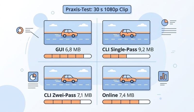Konzept-Infografik mit 4 GIF-Outputs im Vergleich 6,8 MB GUI 9,2 MB CLI Single-Pass 7,1 MB CLI Zwei-Pass 7,4 MB Online