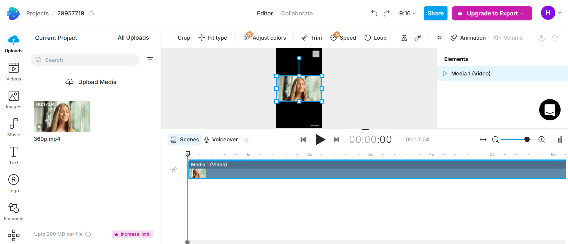 invideo video enhancer workspace