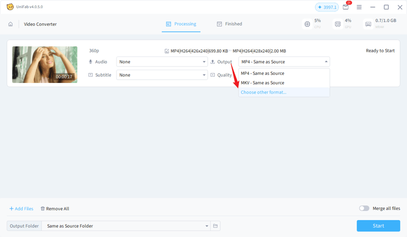UniFab Video Converter - choose other format