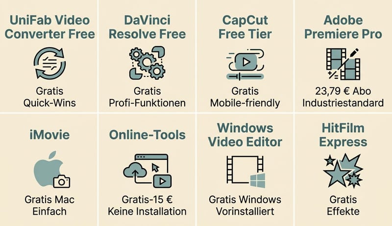 Tool-Übersicht 8 Schnitt-Tools im Vergleich – UniFab Free / DaVinci Resolve Free / CapCut / Premiere Pro / iMovie / Online-Tools / Windows Editor / HitFilm Express