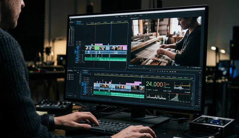 A creator reviewing a low-fps AI clip and its frame rate on a studio timeline