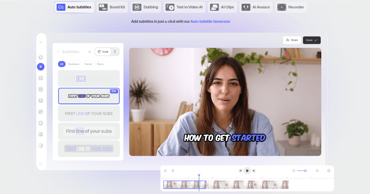 VEED video editor browser workspace for AI creation and captions