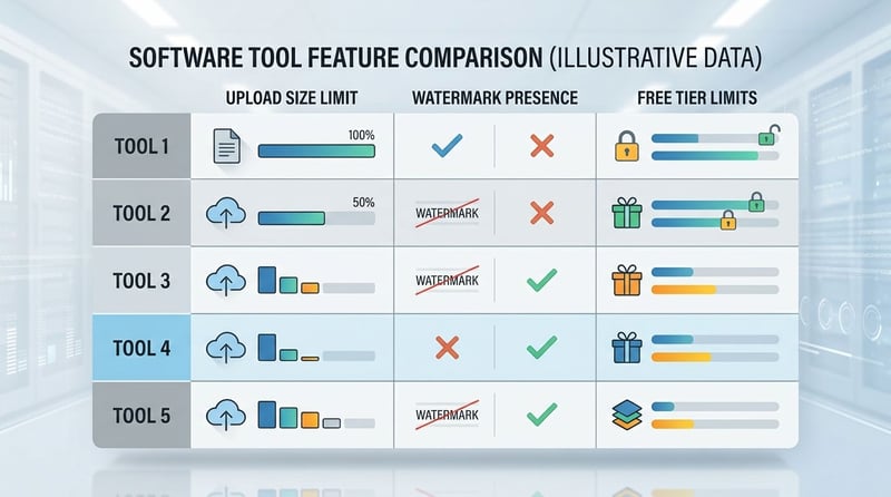 Konzept: 5 Online-Video-Upscaler Limits Vergleich – Upload / Wasserzeichen / Free-Tier (Konzeptbild)