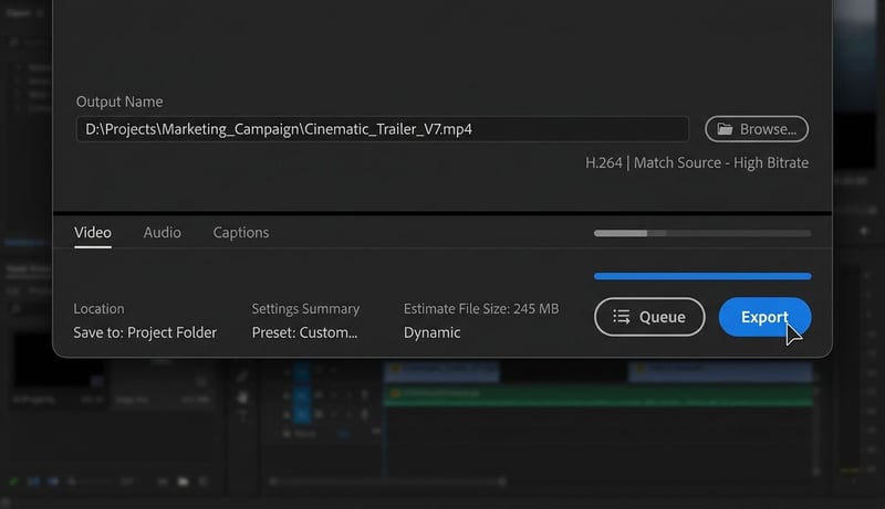 Premiere Pro export panel showing the Export and Queue buttons at the bottom of the settings window