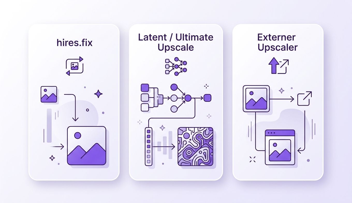 Konzept-Infografik: die drei Wege zum Hochskalieren von Stable-Diffusion-Bildern – hires.fix, Latent/Ultimate Upscale und externer Upscaler