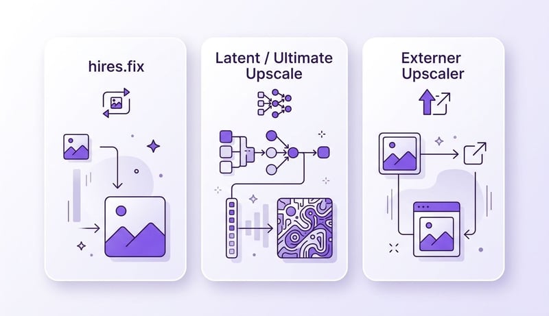 Konzept-Infografik: die drei Wege zum Hochskalieren von Stable-Diffusion-Bildern – hires.fix, Latent/Ultimate Upscale und externer Upscaler