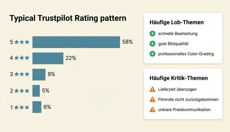 Trustpilot-Auswertungs-Muster — Sterneverteilung links plus zwei Karten mit Lob- und Kritik-Themen für 8mm-Digitalisierungs-Anbieter