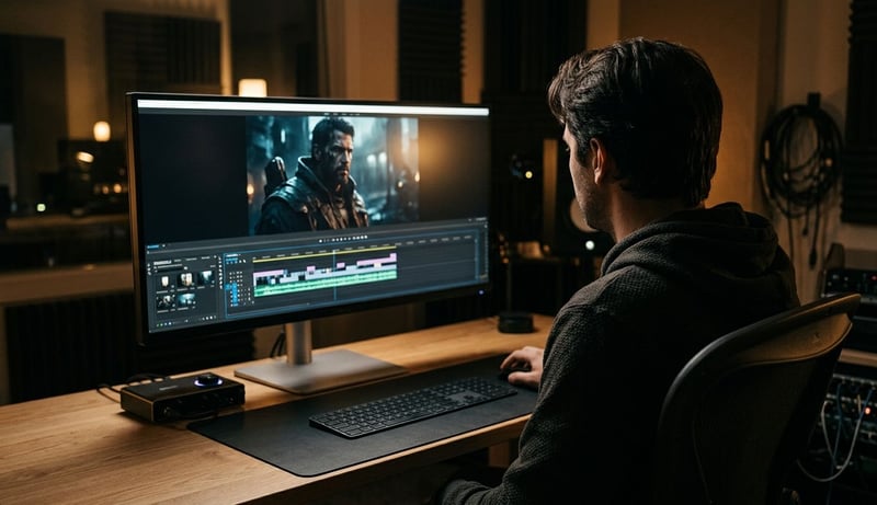 A video editor reviewing an AI-generated character clip on a studio monitor to spot face distortion