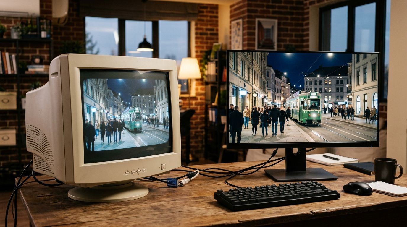 Konzept: Alter CRT-Monitor (Flash-Era) und moderner Flatscreen (Konzeptbild)