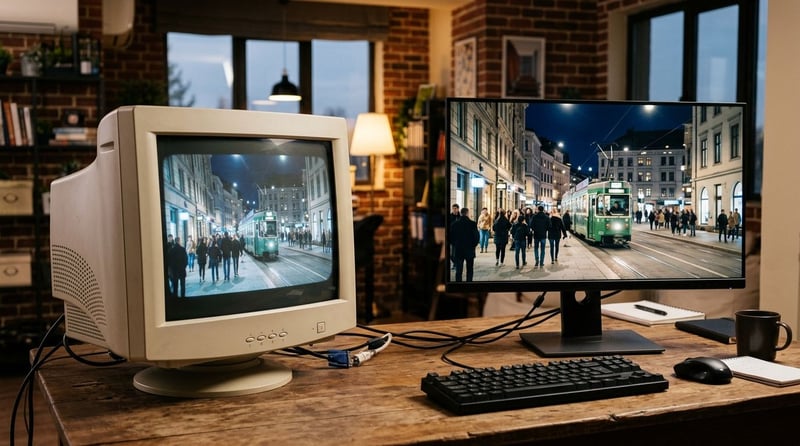 Konzept: Alter CRT-Monitor (Flash-Era) und moderner Flatscreen (Konzeptbild)