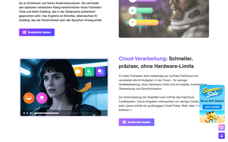 Offizielle UniFab Produktseite zur cloudbasierten FabCloud-Verarbeitung
