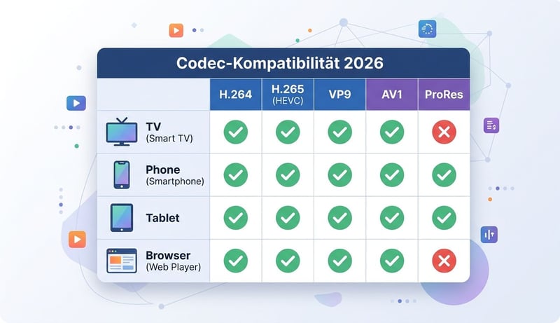 Konzept Codec-Kompatibilität Matrix 5 Codecs 4 Geräte