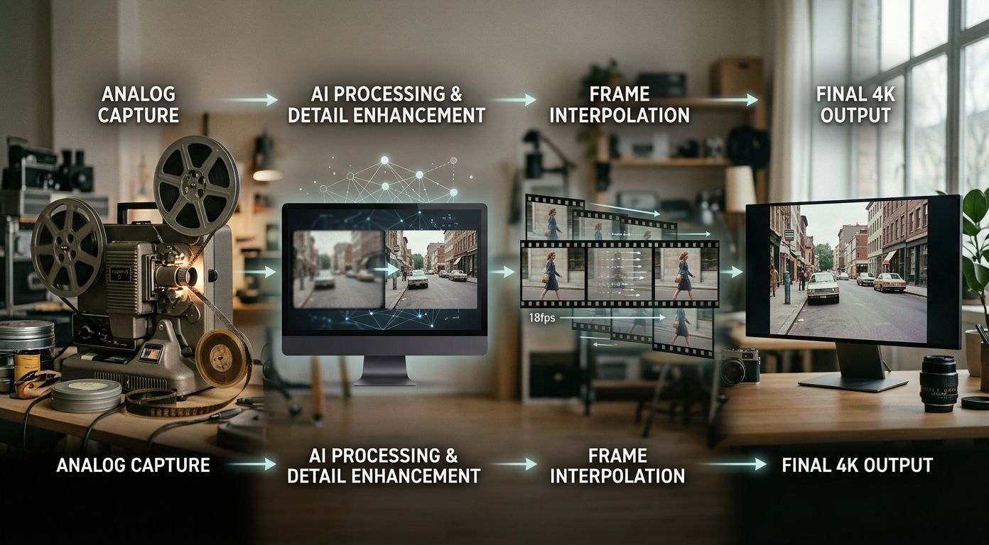 Konzept: 4-Phasen-Workflow für alte Filme 4K hochskalieren – scannen, KI-Upscaling, Frame-Interpolation, Farbkorrektur (Konzeptbild)