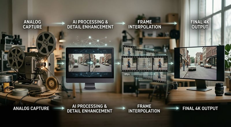 Konzept: 4-Phasen-Workflow für alte Filme 4K hochskalieren – scannen, KI-Upscaling, Frame-Interpolation, Farbkorrektur (Konzeptbild)