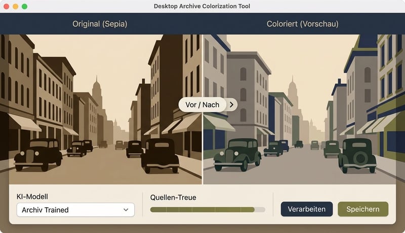 Konzept-Illustration einer Archiv-Kolorisierungs-Tools mit Vor-und-Nach Vergleich