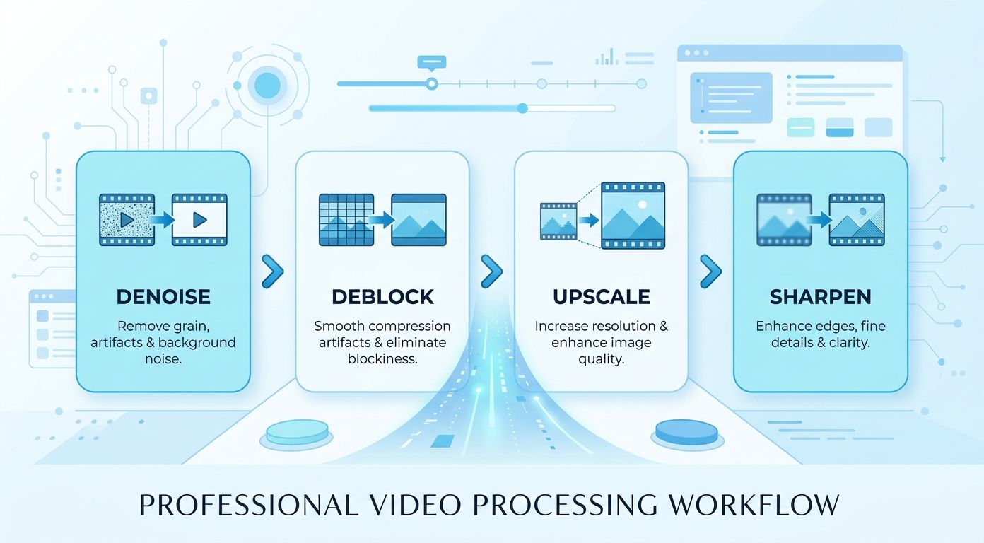 Pipeline aus Deinterlacing, Denoise, Deblock und KI-Upscaling für SD-Video