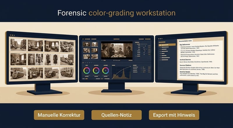 Konzept-Illustration einer Forensik-Workstation mit Referenz-Fotos und Color-Grading
