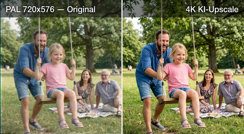 Vorher-Nachher-Vergleich einer PAL-720x576-Kassette neben dem 4K-Upscale-Ergebnis – derselbe Familienpark-Frame in beiden Auflösungen