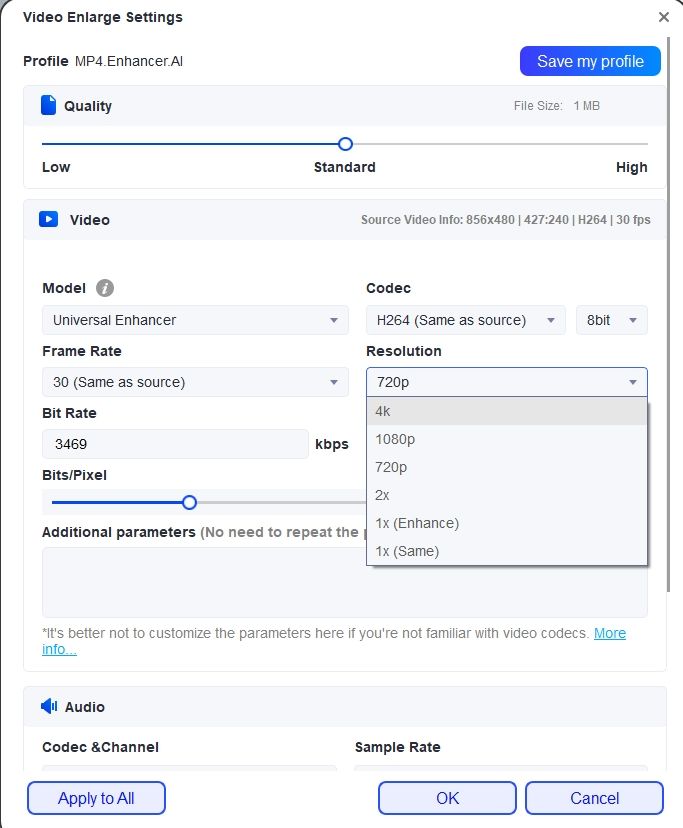 UniFab video enlarger settings