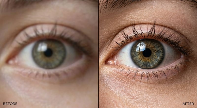 Restoring fine facial detail — sharp eyes and natural skin — in an AI-generated close-up