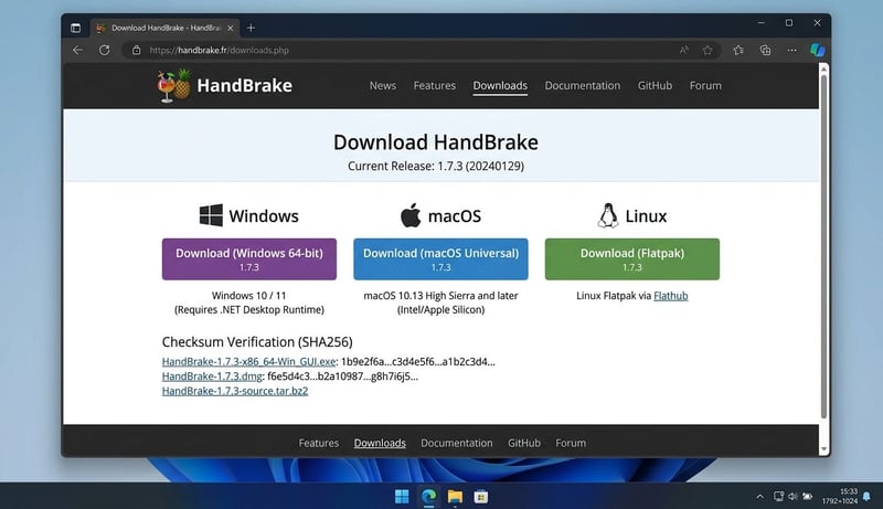 HandBrake official download page showing verified download links