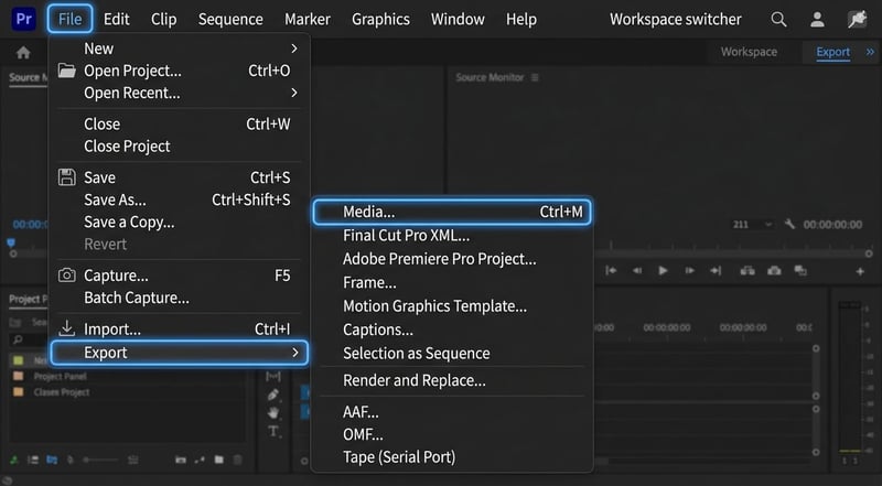 Premiere Pro File Export Media menu showing the dropdown path to access export settings
