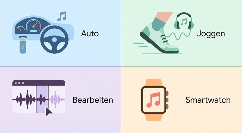 MP3-Anwendungsfälle — Auto-Radio, Joggen, Audio-Bearbeitung, Smartwatch