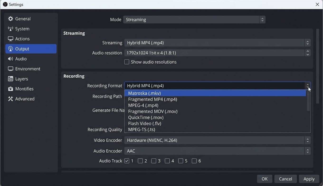 OBS Studio output settings showing recording format choices for safer capture workflows