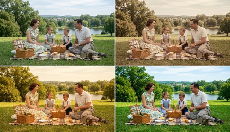 Vier Farbstile im Vergleich — Realistisch, Vintage, Warm, Lebendig