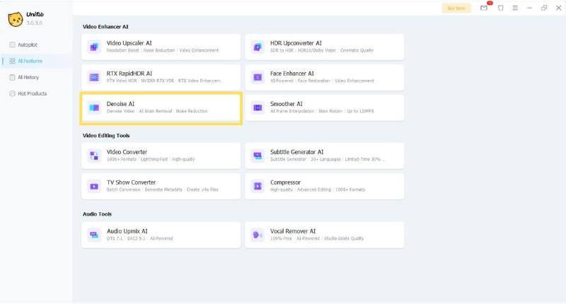 UniFab Denoise AI dashboard importing a noisy video file