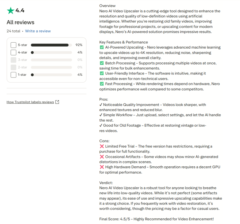 Nero AI Video Upscaler Reviews from trustpilot .png