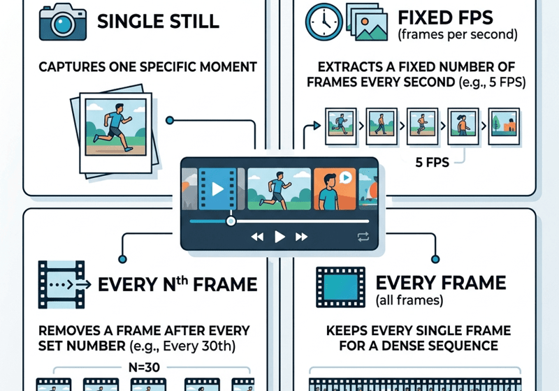 Four ways to extract images from video: one frame, fixed FPS, every Nth frame, or every frame