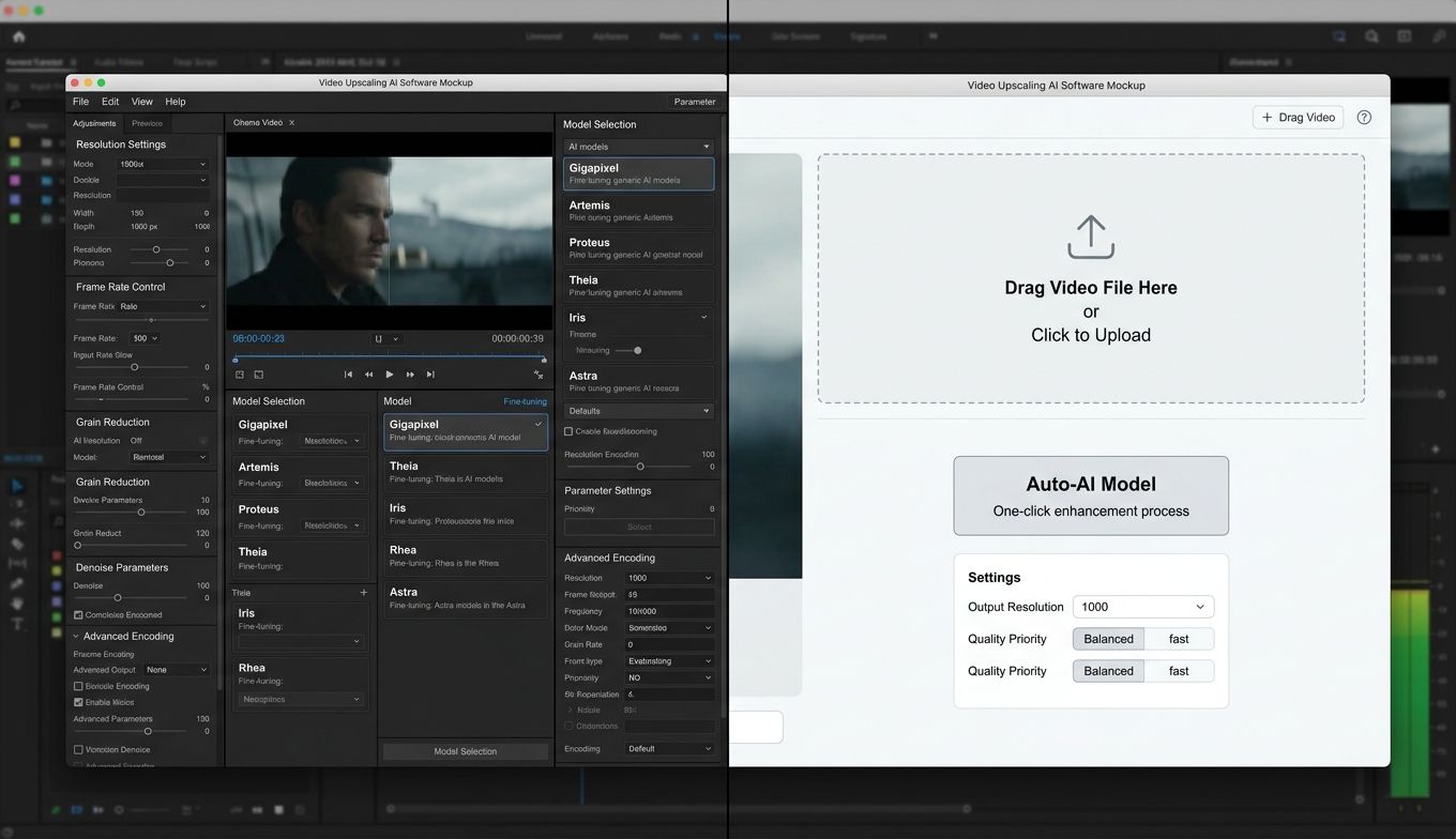 Topaz Video 2026 mit materialbezogener Modellwahl neben einem vereinfachten Upscaling-Workflow