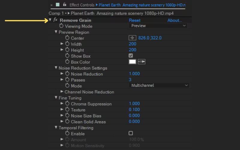 After Effects Remove Grain effect applied to linked footage