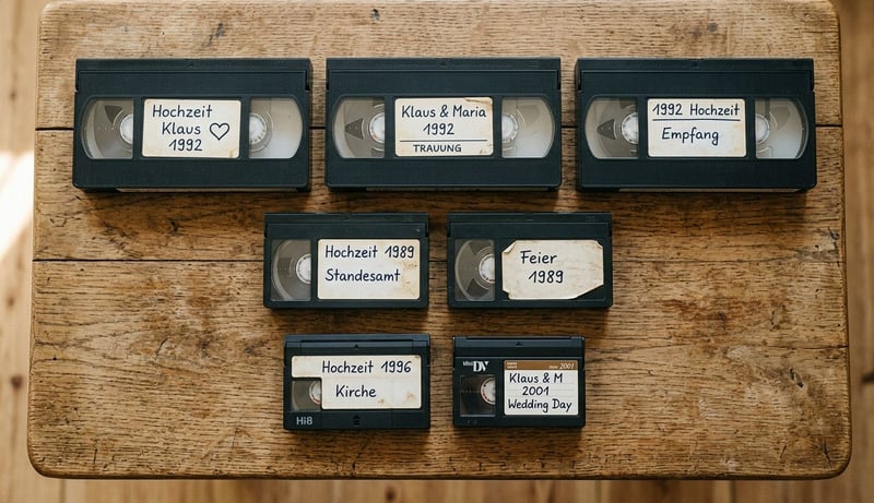 Top-down Foto des Testmaterials – 7 Hochzeitsvideo-Kassetten aus 1988 bis 2001 in verschiedenen Formaten VHS, VHS-C, Hi8, MiniDV