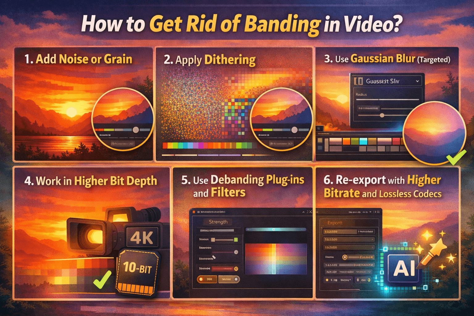 Video editing workflow showing methods for reducing visible color banding