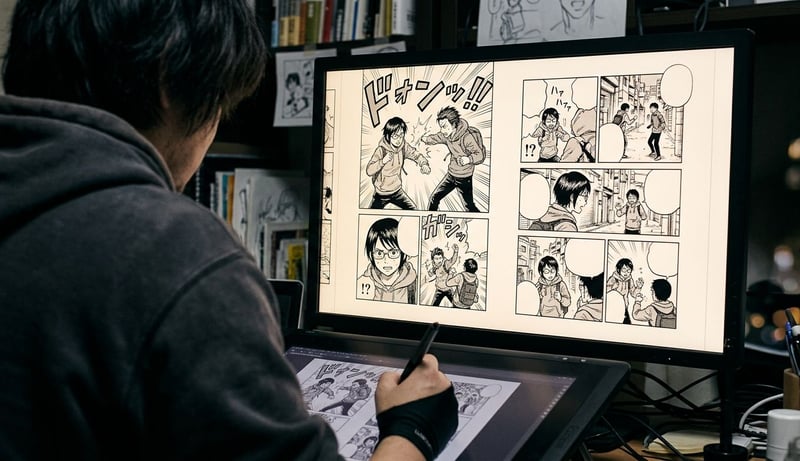A creator reviewing AI motion comic panels and speech bubbles on a studio monitor