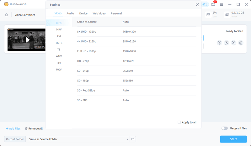 UniFab full format selection panel with no gated codecs, resolutions, or containers for free YouTube video conversion