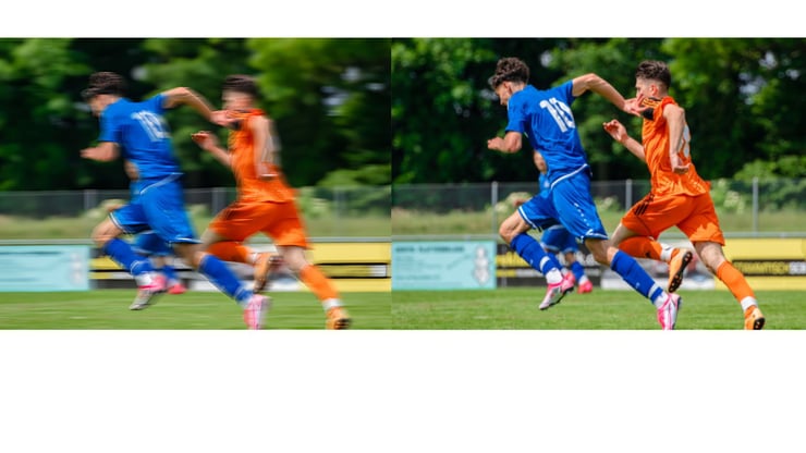 Soccer players, blurry vs 4K upscaling