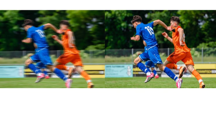 Soccer players, blurry vs 4K upscaling