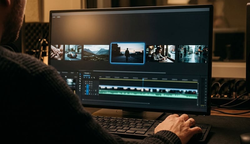 A creator reviewing a batch of short Sora clips on a studio monitor before a 4K finishing pass
