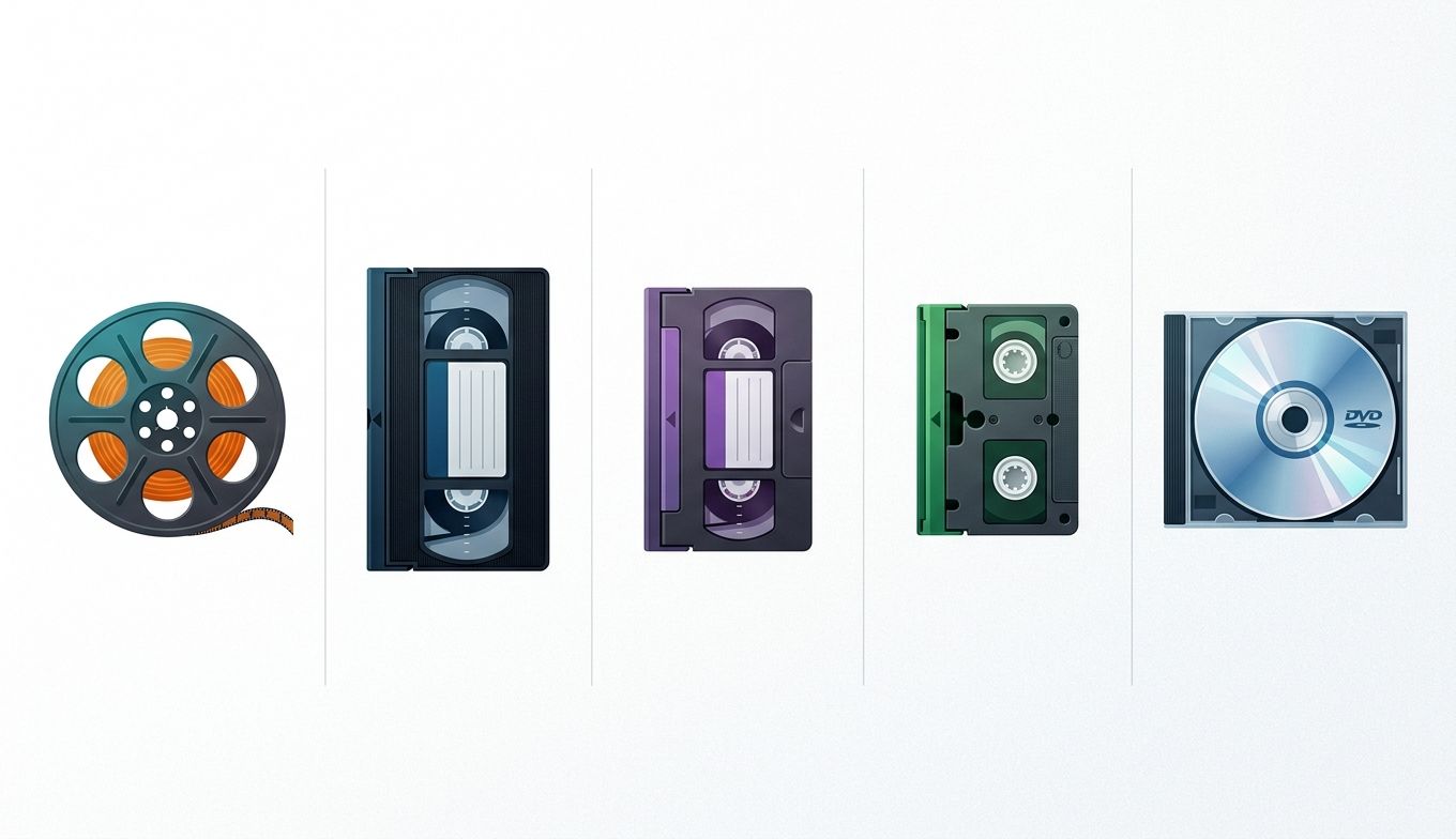 Konzept: 5 Quell-Formate Familienarchiv – Schmalfilm / VHS / Hi8 / MiniDV / DVD (Konzeptbild)