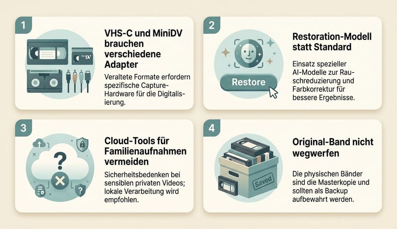 Infografik vier wiederkehrender Reddit-Themen zur Hochzeitsvideo-Restaurierung – vier Karten mit Kernaussagen aus r/VHS und r/DataHoarder