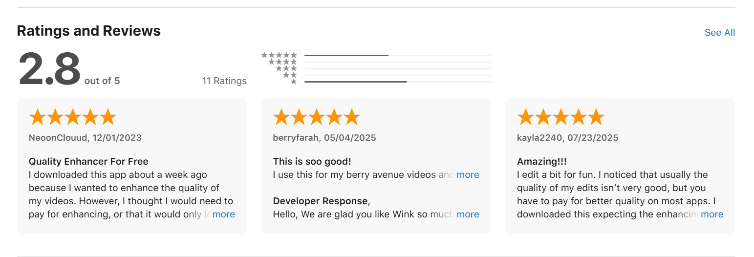 Wink iOS store rating for video effects and editing