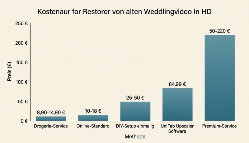 Balkendiagramm der vier Kostenposten für altes Hochzeitsvideo HD-Aufbereitung – Drogerie-Service / Online-Standard / DIY-Setup / UniFab-Software / Premium-Service mit Preisspannen