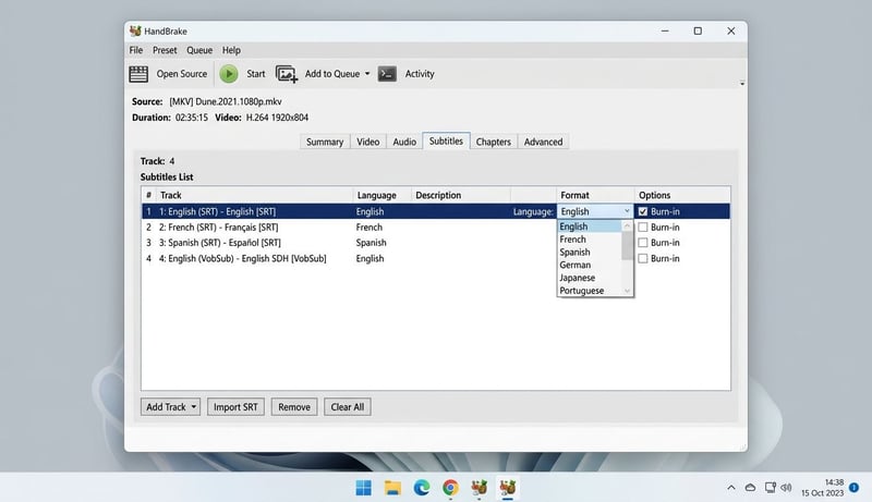 HandBrake Untertitel-Tab