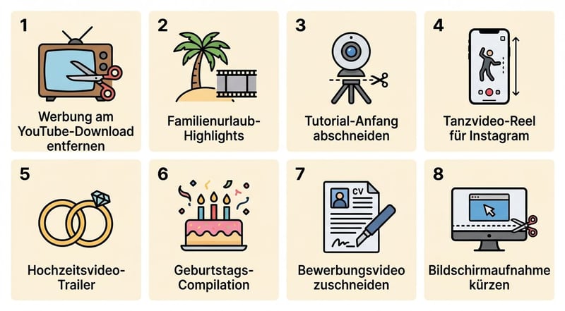 Übersicht der 8 Real-Test-Aufgaben rund um Videos schneiden – Werbung-Cut / Familienurlaub-Highlights / Tutorial-Reset / Tanz-Reel / Hochzeits-Trailer / Geburtstags-Compilation / Bewerbungsvideo / Bildschirmaufnahme