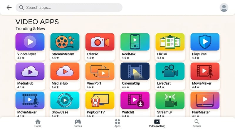 Konzept App Store Video-Apps Grid