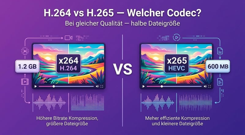 H.264 vs H.265 — Codec-Vergleich bei gleicher Qualität, halbe Dateigröße