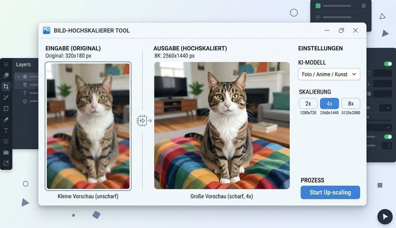 Konzept Bild-Upscaler vor und nach